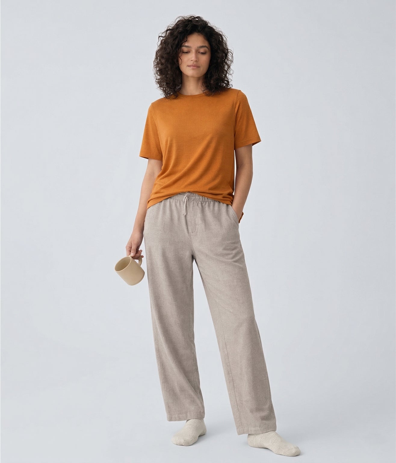 NUITO Home Crew in Sugar Almond — women's premium loungewear tee, double collar bamboo cotton India
