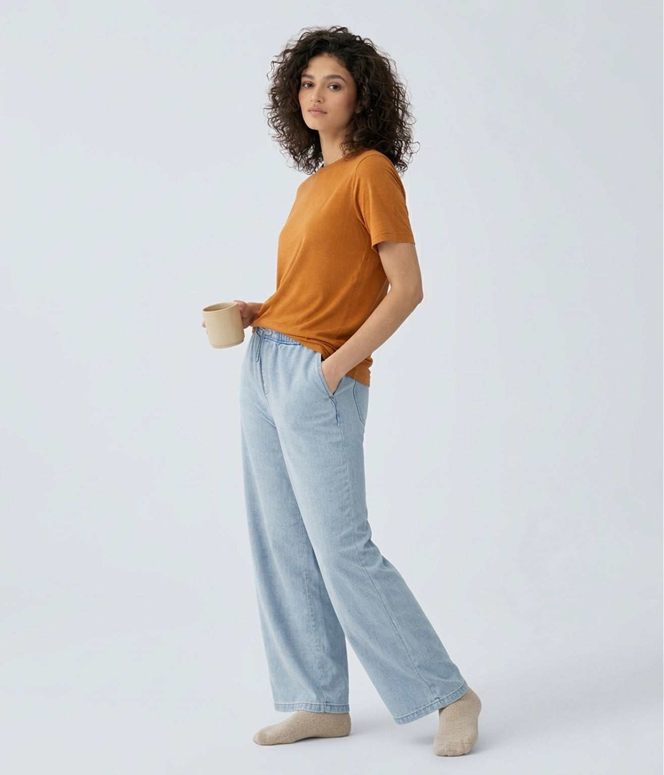NUITO Home Crew in Sugar Almond — women's premium loungewear tee, double collar bamboo cotton India