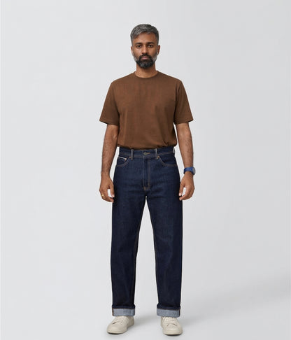 NUITO selvedge denim in indigo — men's 14oz raw denim straight fit jeans India
