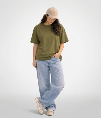NUITO Skater Edit in Olive Khaki — women's drop shoulder bamboo cotton top, NUSKN fabric India
